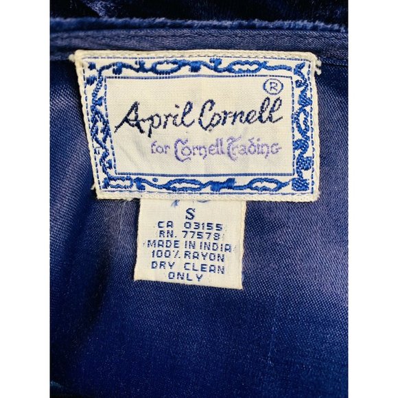 Vintage April Cornell Crushed Velvet Blue Long Sleeve Dress Small Embroidered - Picture 5 of 8